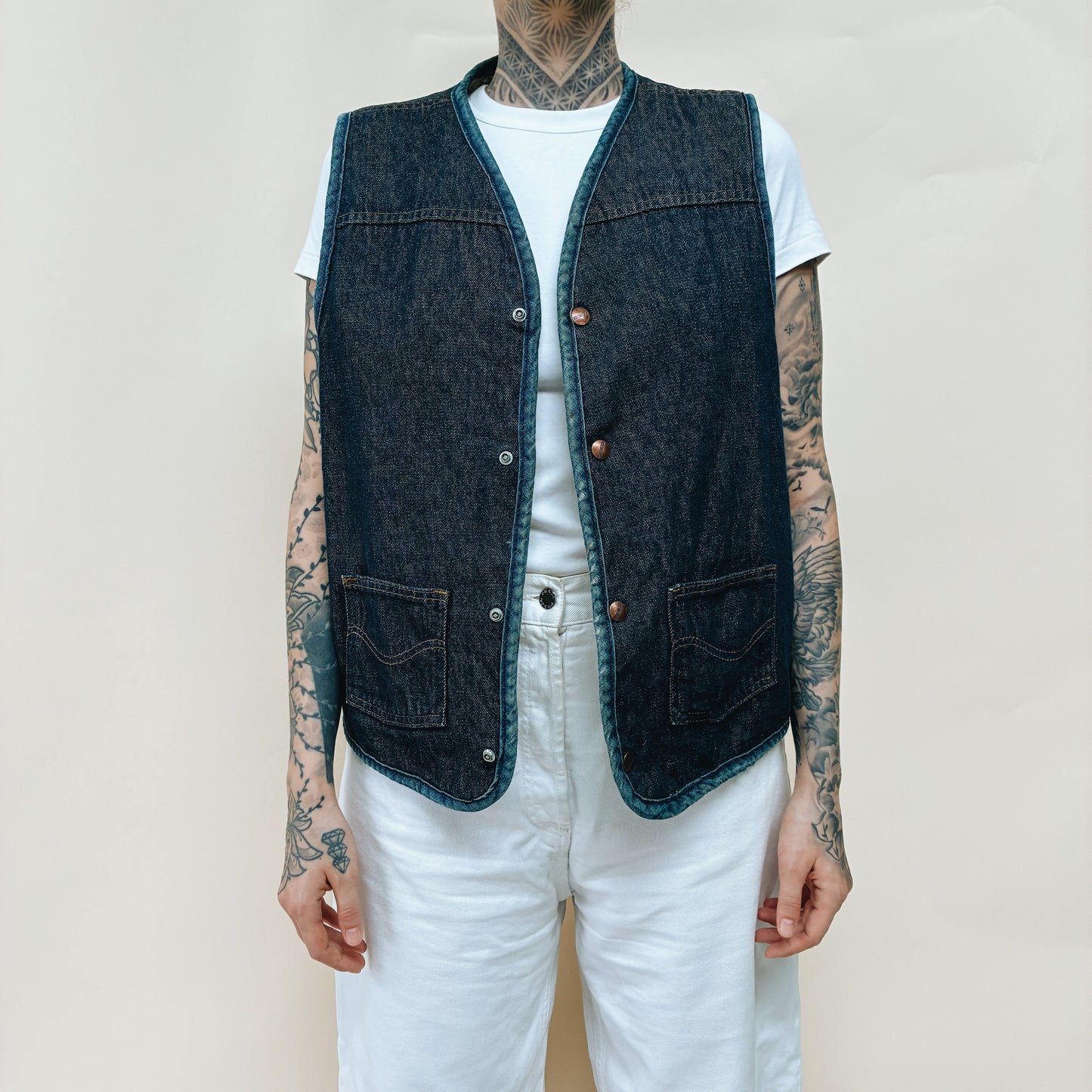 70s - USA ROEBUCKS DENIM LINED VEST - L
