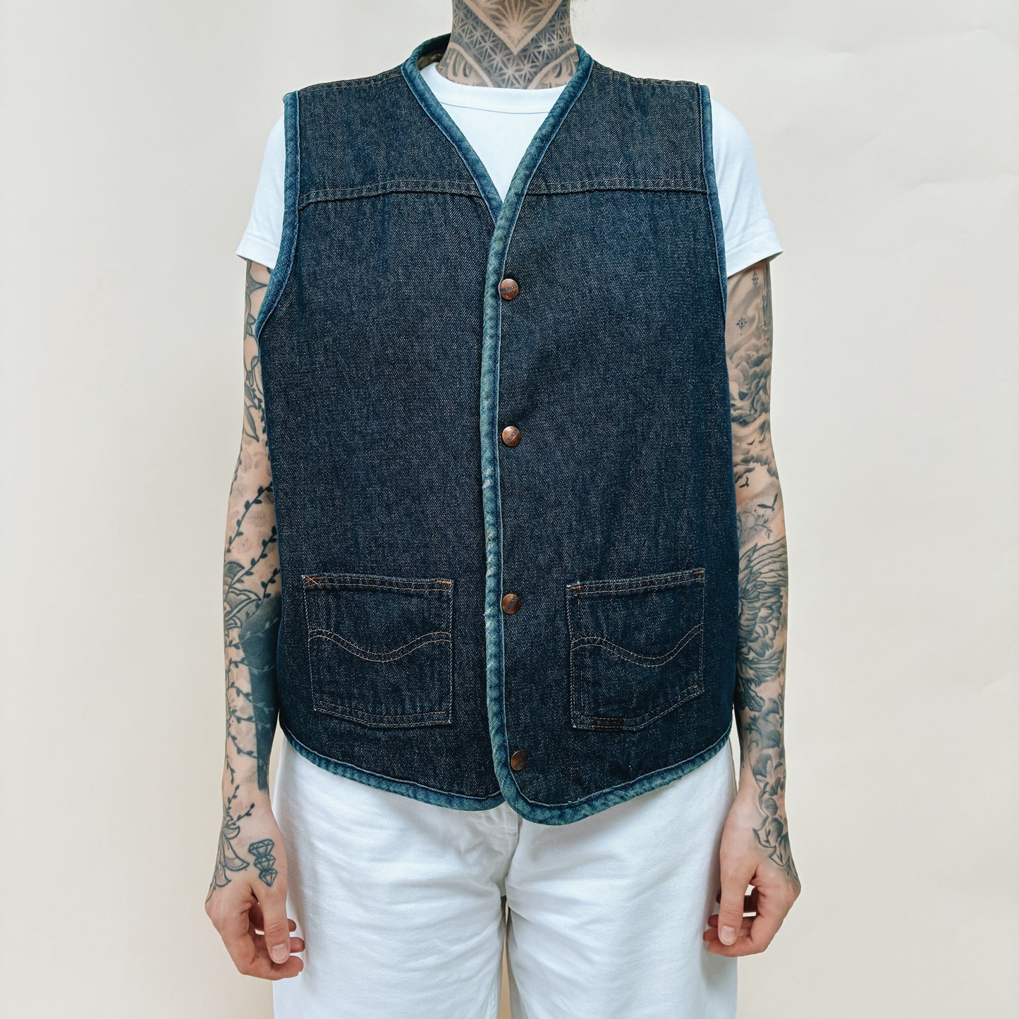 70s - USA ROEBUCKS DENIM LINED VEST - L