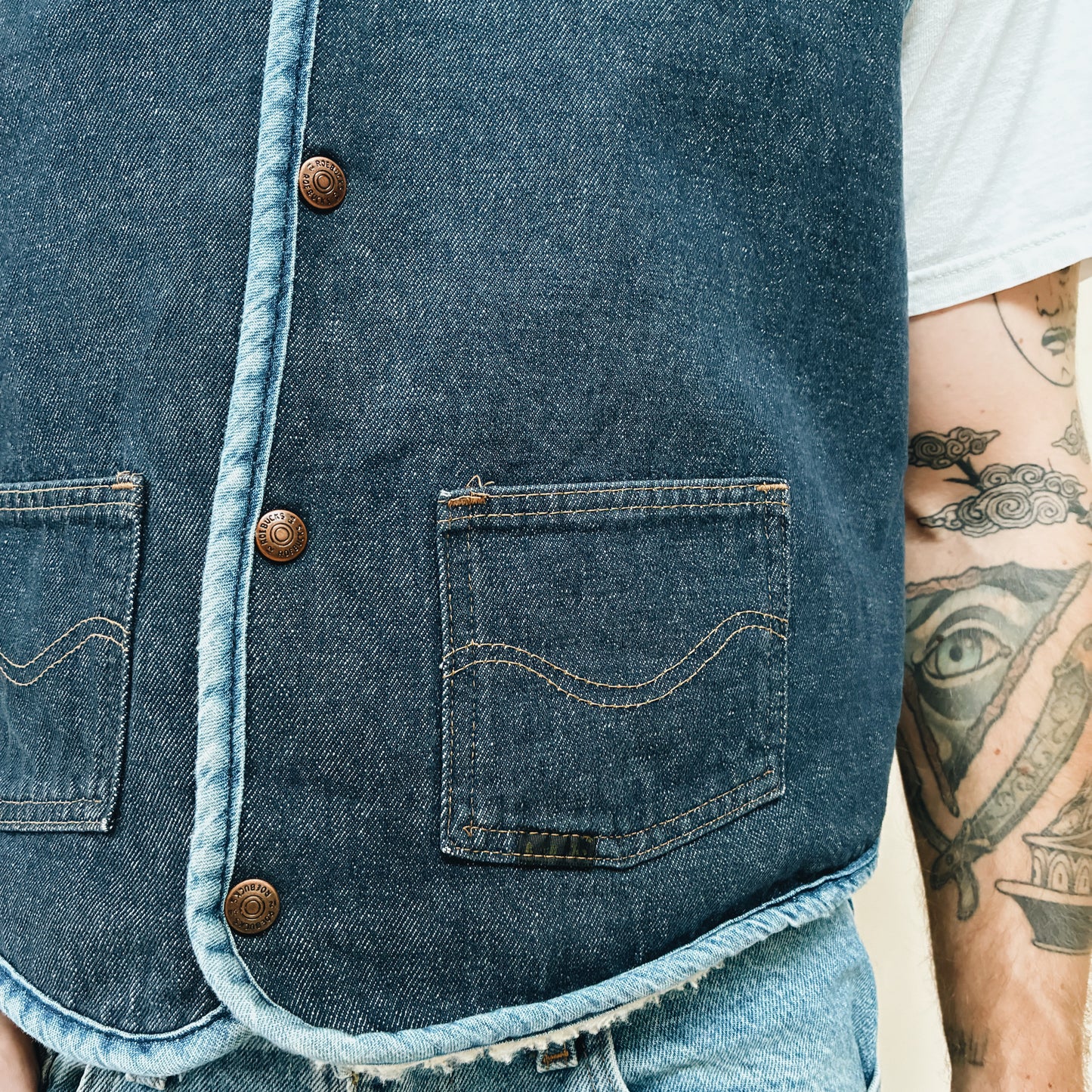70s - USA ROEBUCKS LINED DENIM VEST - L