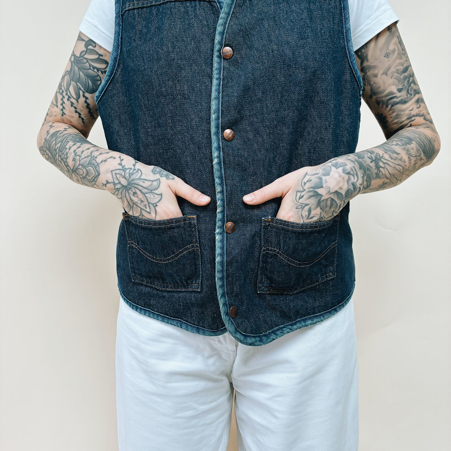 70s - USA ROEBUCKS DENIM LINED VEST - L