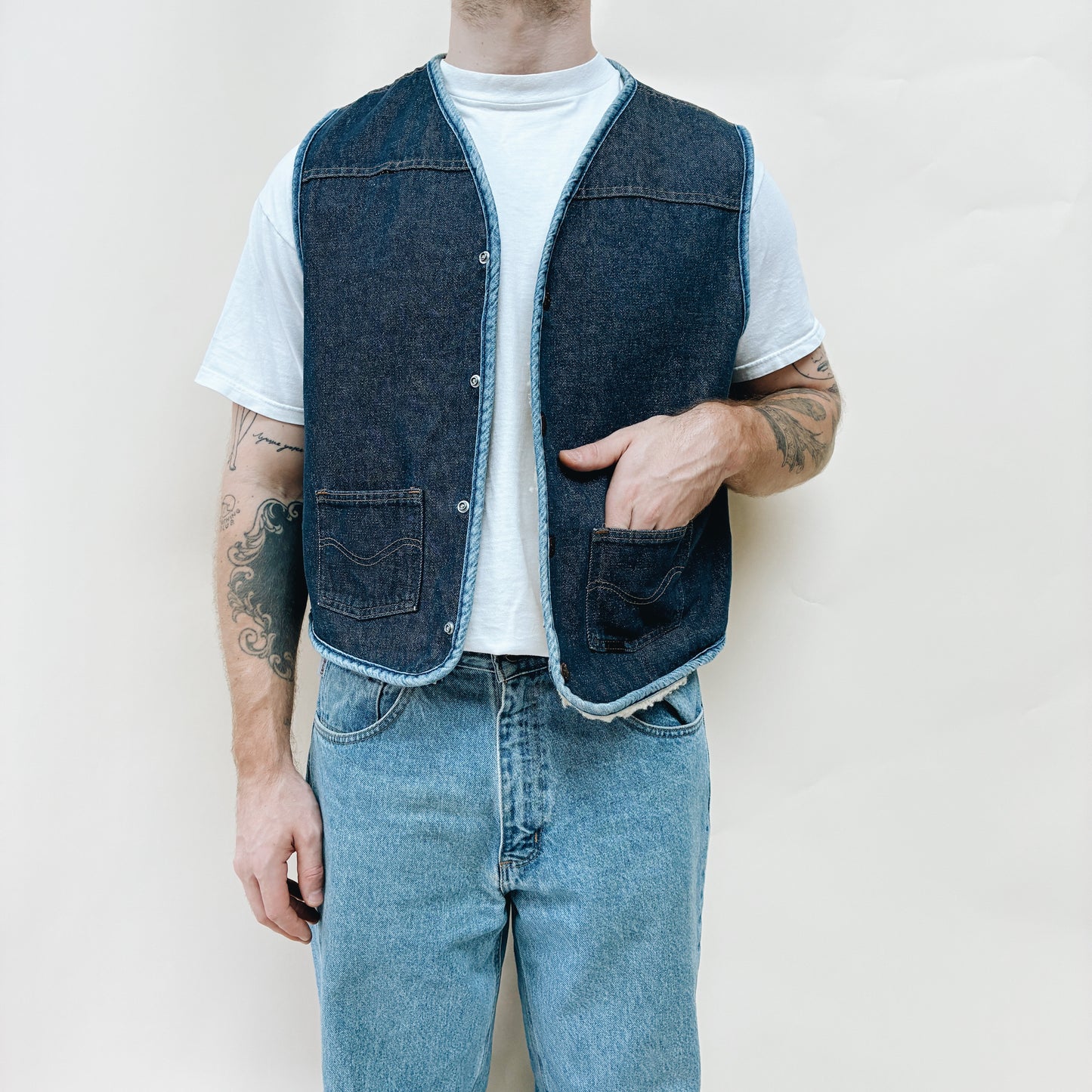 70s - USA ROEBUCKS LINED DENIM VEST - L