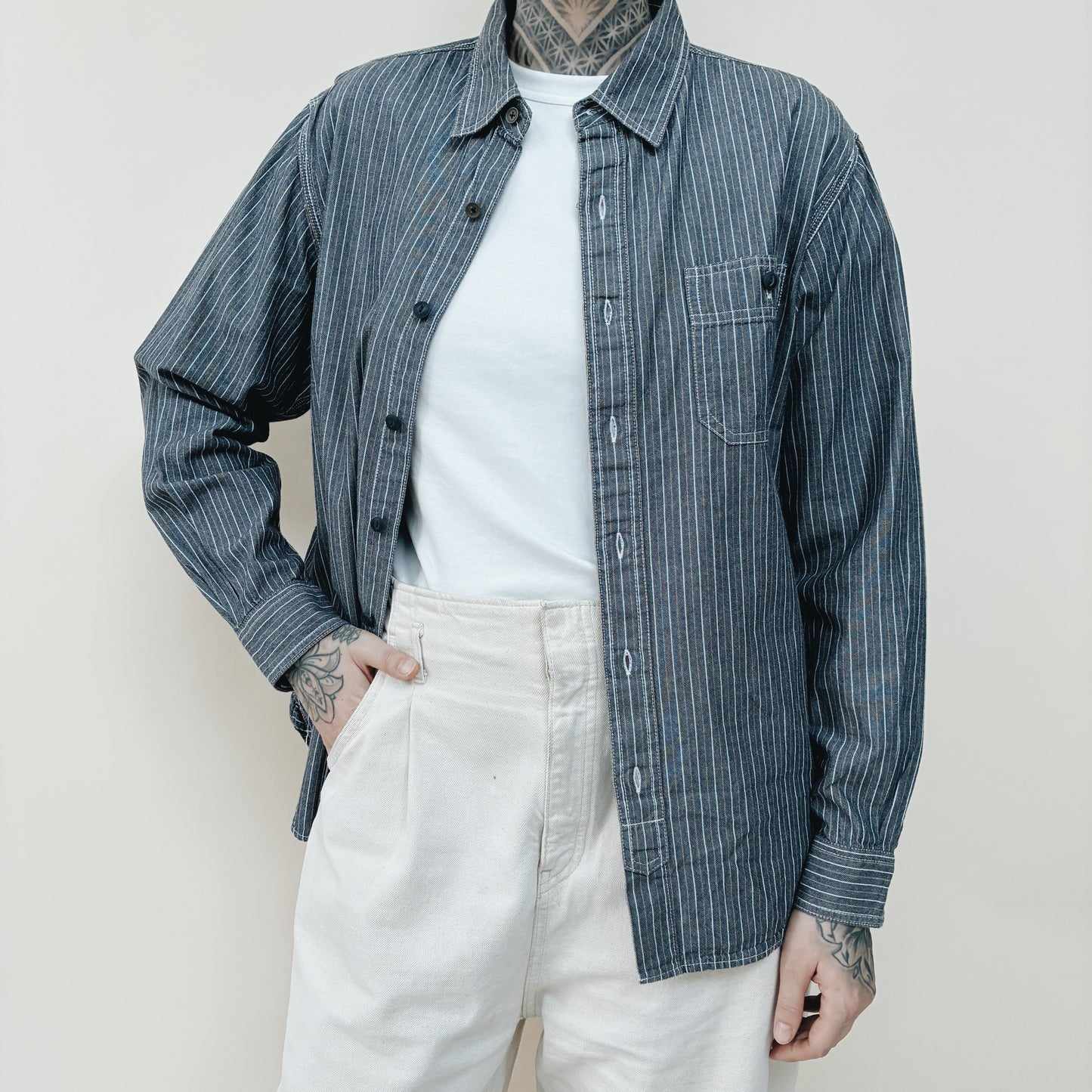 00s - EDDIE BAUER STRIPED WORK SHIRT - M