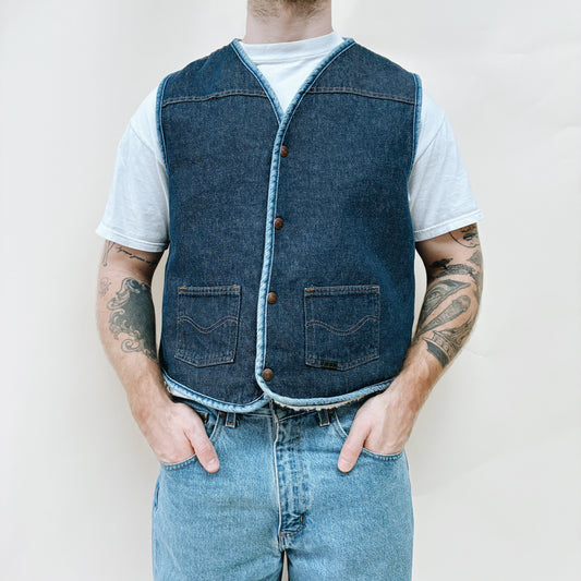 70s - USA ROEBUCKS LINED DENIM VEST - L
