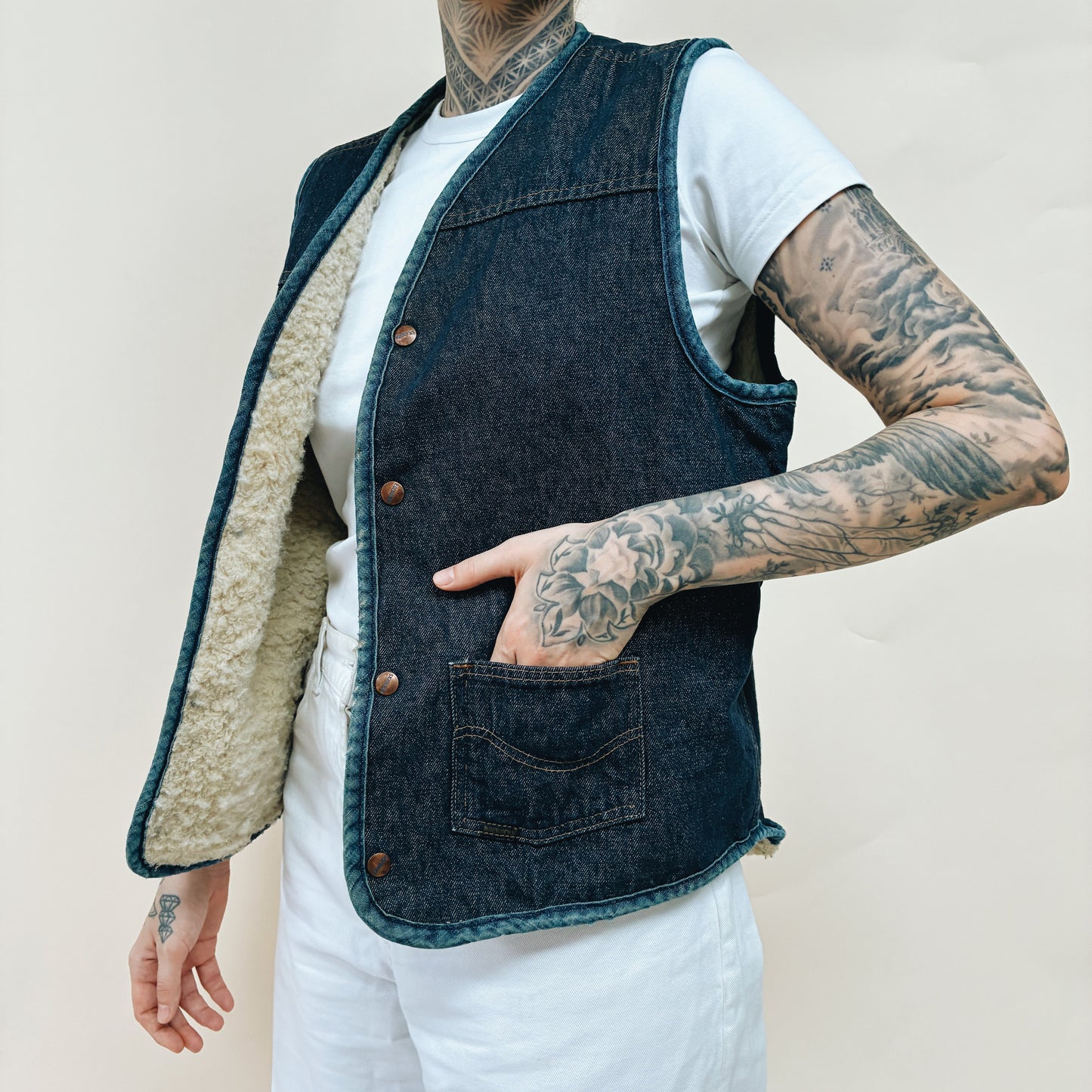 70s - USA ROEBUCKS DENIM LINED VEST - L