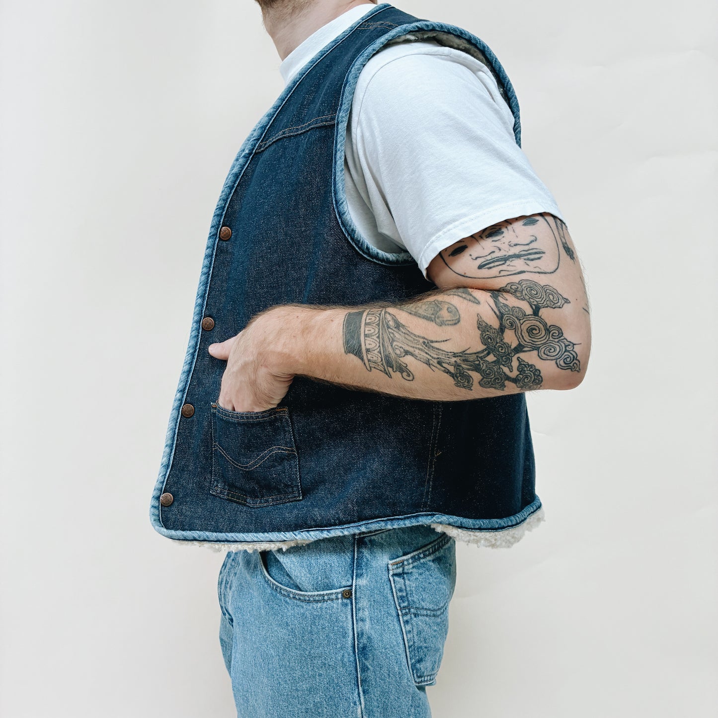 70s - USA ROEBUCKS LINED DENIM VEST - L