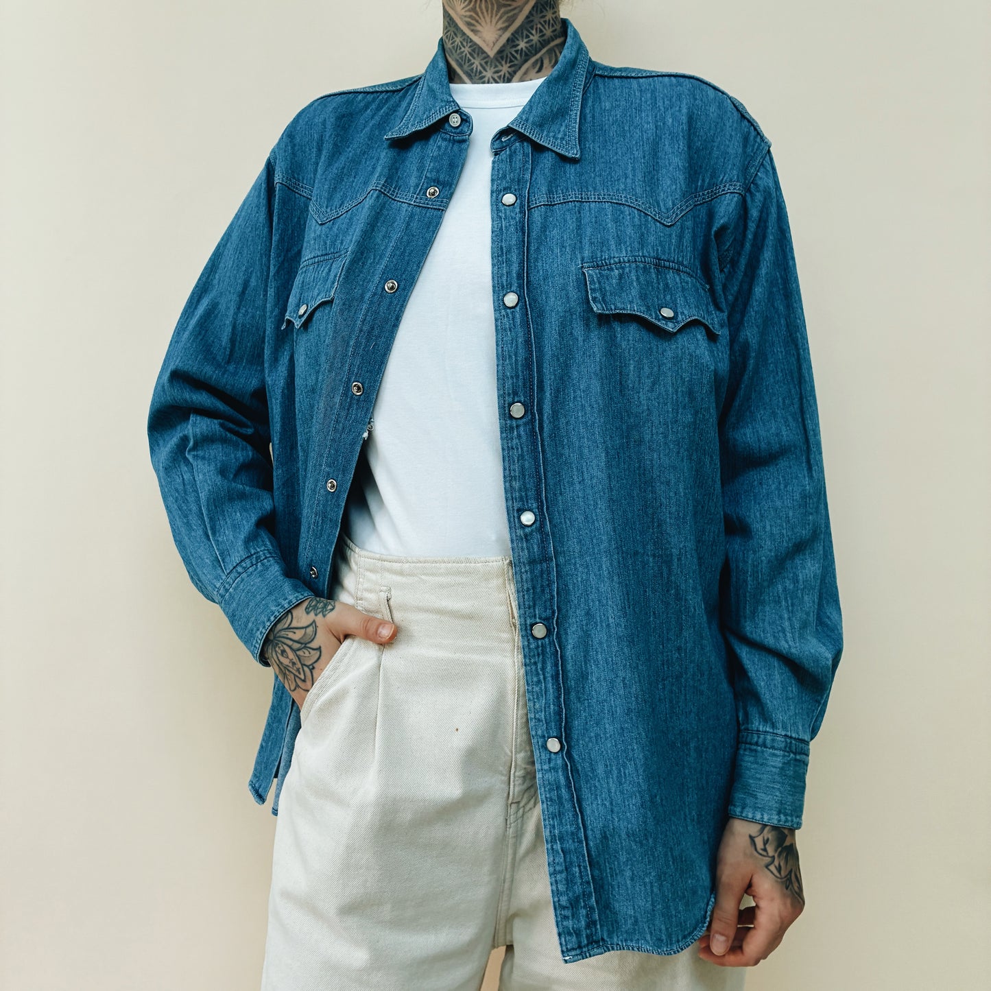 90s JAPAN - EDWIN DENIM WESTER SHIRT - M
