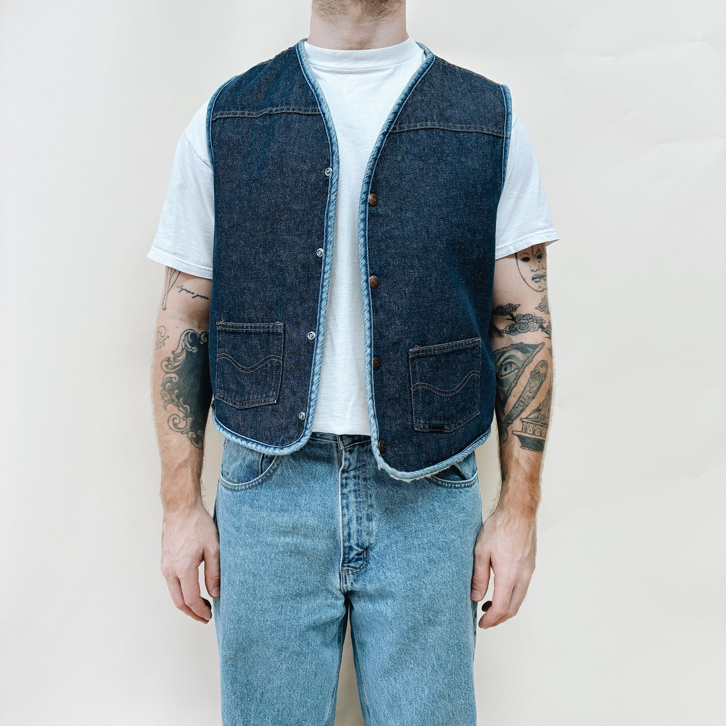 70s - USA ROEBUCKS LINED DENIM VEST - L